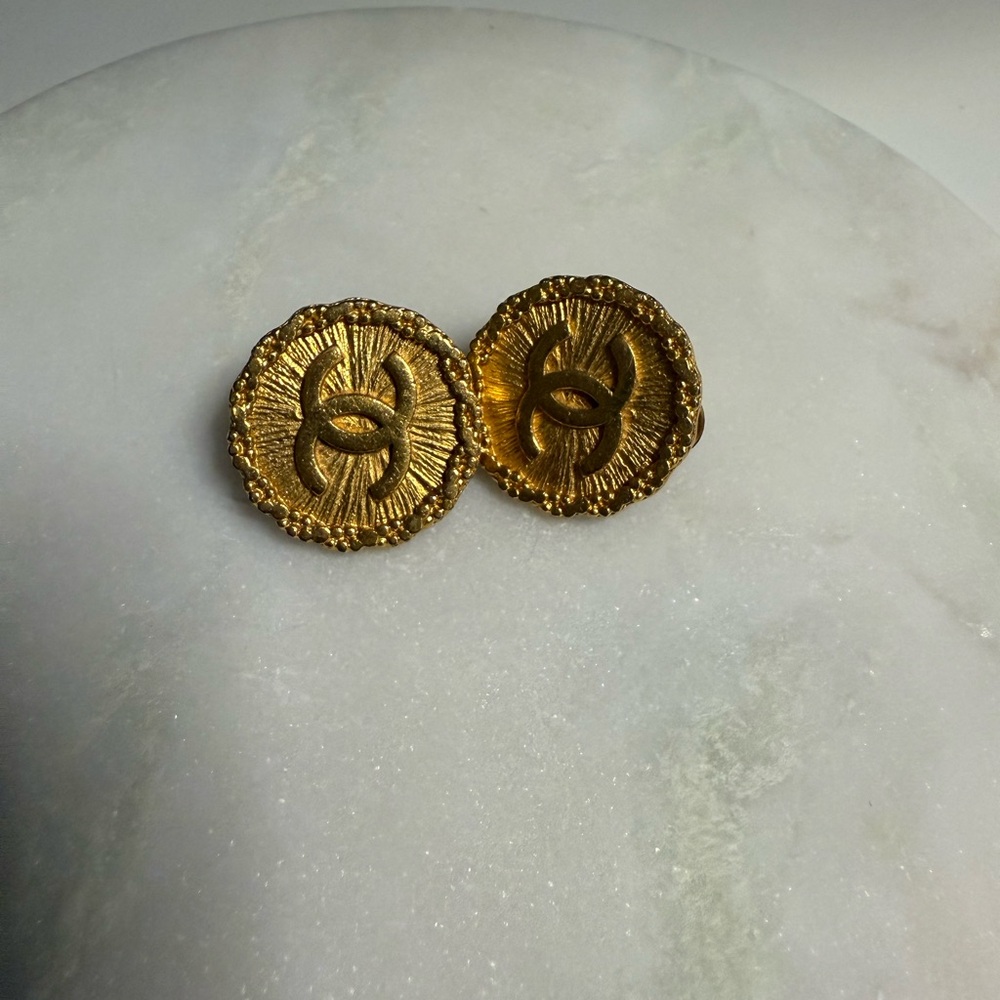 CHANEL Gold Medallion Textured Logo Earrings